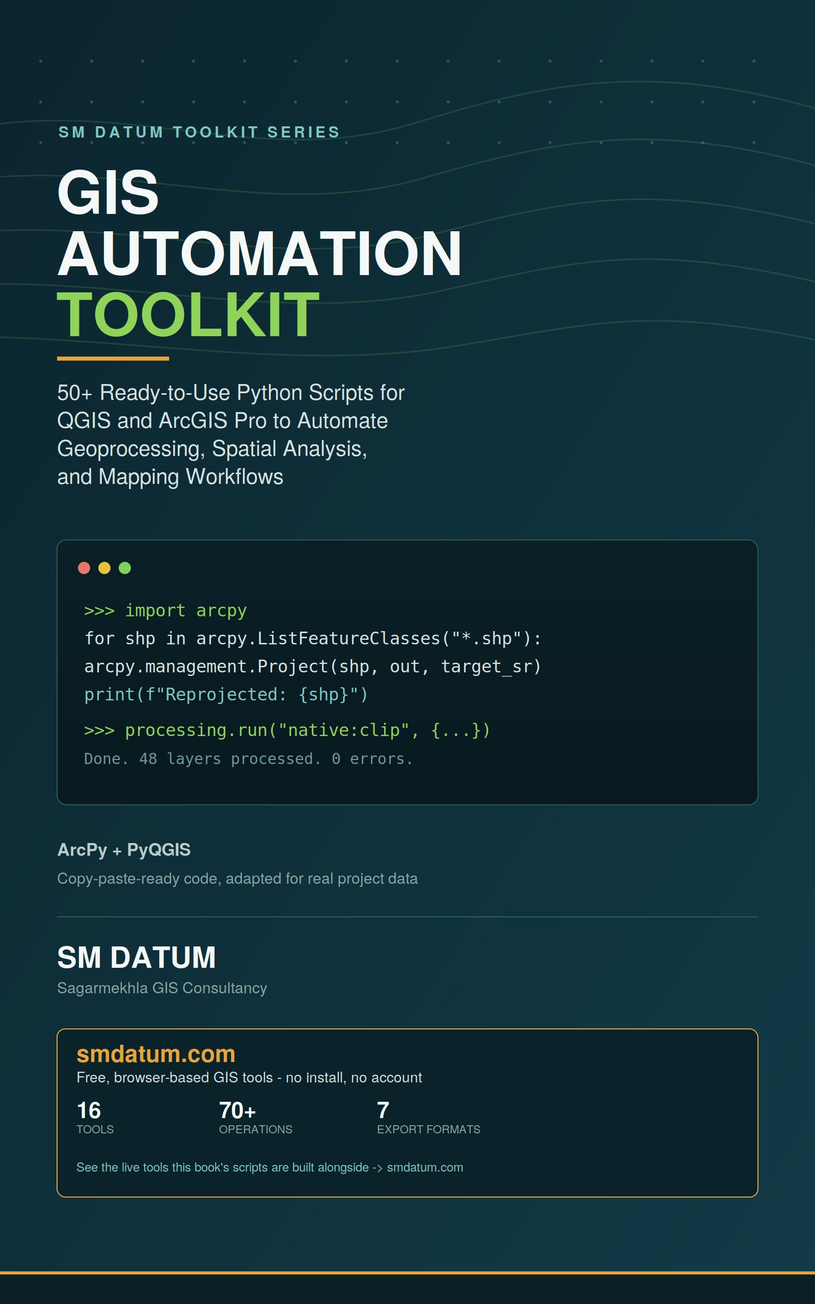 GIS Automation Toolkit — 50+ ArcPy and PyQGIS Python scripts for QGIS and ArcGIS Pro, book cover