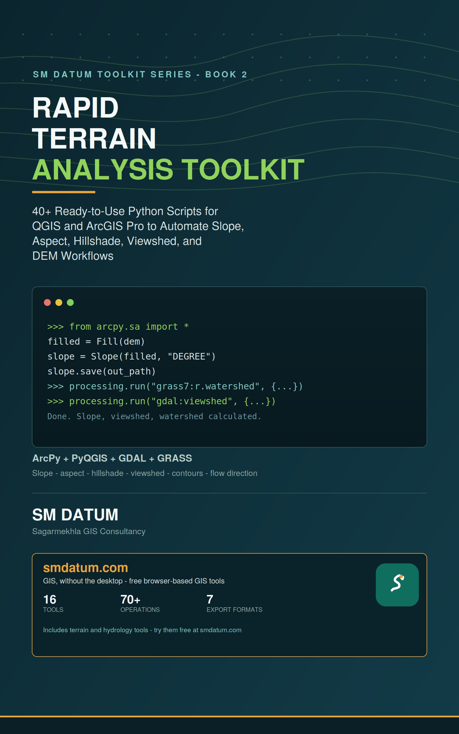 Rapid Terrain Analysis Toolkit — slope, aspect, hillshade and DEM Python scripts, book cover
